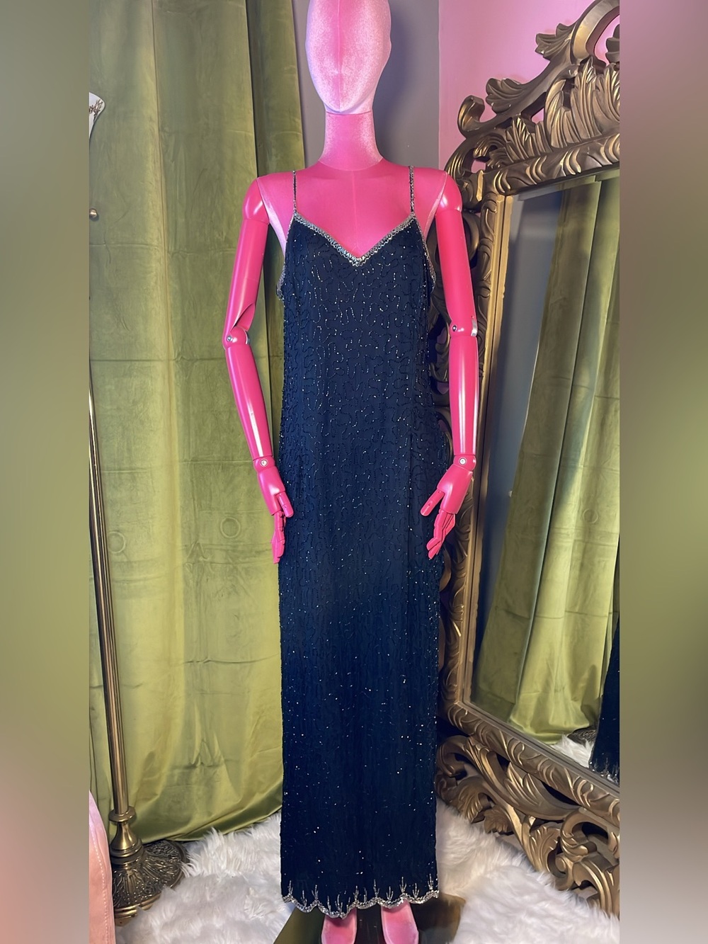 Elegant Black Beaded Slip Dress with Crystal Trim
